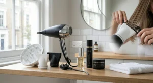 A black ghd hairdryer on a bathroom counter next to premium hair care products, including heat protection spray, with a woman blow-drying her hair in the background.