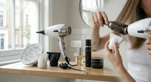 A close-up of a woman using a round ceramic styling brush and a white premium hairdryer to achieve a smooth salon-style blow-dry at home.