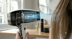 A detailed cross-section illustration of a modern white hairdryer showing the internal heating element, motor, and an active ionic care module emitting micro-scale droplets onto hair to reduce frizz.