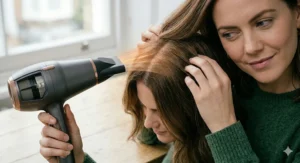 A close-up visual demonstration of heat application from a premium hair dryer onto brunette hair, detailing safe styling practices for a healthy British blow-dry.