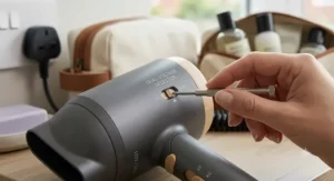 A close-up shot of a hand using a small screwdriver tool to adjust the manual dual voltage selector switch on the side of a matte-grey travel hair dryer, shifting the toggle between the 110V and 240V settings.
