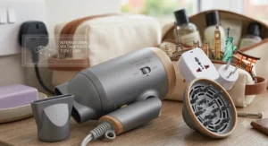 A matte-grey dual voltage travel hair dryer laid out on a table with its accompanying styling attachments, including a slim concentrator nozzle and a wood-rimmed diffuser, ready for holiday styling.