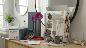 Dyson Supersonic flyaway tamer attachment compared with the Shark SpeedStyle RapidGloss finisher, demonstrating high-tech smoothing tools for a sleek British blow-dry look.
