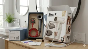 The retail boxes of the Dyson Supersonic and Shark SpeedStyle hair dryers sitting on a dressing table, showing the UK three-pin plugs and packaging contents.