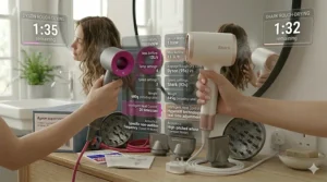 A woman styling her hair in a modern British bathroom during a drying-time head-to-head test between the Shark SpeedStyle and Dyson Supersonic.