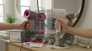 A data infographic comparing the heat regulation, motor wattage, and drying speeds of the Dyson Supersonic versus the Shark SpeedStyle hair dryers.