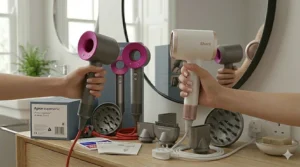 A person holding the lightweight Shark SpeedStyle hairdryer in one hand and the balanced, hollow-headed Dyson Supersonic in the other to show size and ergonomic differences.