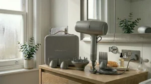 A compact lightweight hair dryer hanging from its cable loop on a modern bathroom wall hook.
