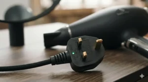 Alt text for image 8: Illustration of an eco-friendly, energy-efficient professional hair dryer featuring a standard UK three-pin plug.