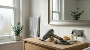 A woman comfortably styling her hair with an ergonomic lightweight hair dryer to prevent arm fatigue.