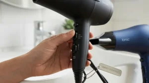 Close-up of a hand adjusting the tactile slider switches and cool shot button on the handle of an ionic hair dryer, clearly labelled for heat and speed.