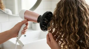 Close-up of a hand actively using a compact hair dryer fitted with its large black diffuser attachment to style and define natural curls.