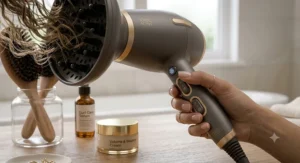 Demonstrating the cool shot button on a hair dryer with diffuser to set curls in place.