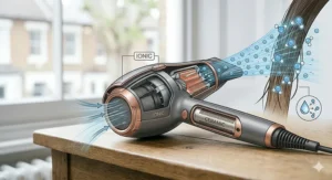 A technical diagram showing an ionic hair dryer emitting negatively charged ions that break down water molecules on wet hair to reduce frizz and speed up drying time.