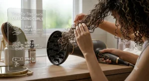 Step by step guide on how to use a hair dryer with diffuser to define natural curls without frizz.