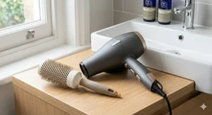 An ionic hair dryer with premium rose gold buttons resting on a wooden countertop next to a round styling brush and a white ceramic sink.