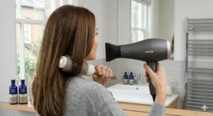 Close-up shot of a woman using a grey ionic hair dryer and a white ceramic barrel brush to style the back of her hair in a bright bathroom.