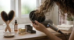 Professional ionic hair dryer with diffuser attachment delivering salon quality frizz control for textured hair.