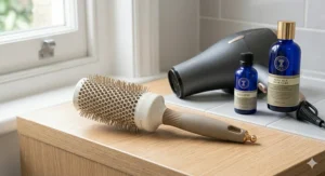A round blow-dry brush in the foreground with premium blue glass hair care serum bottles and an ionic hair dryer arranged on a bathroom surface.