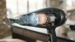 Alt text for image 3: Graphic demonstrating ionic technology inside a professional hair dryer emitting negative ions to reduce frizz and flyaways.