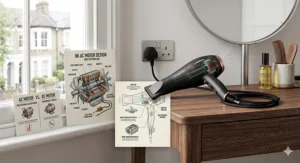Alt text for image 4: An technical graphic showing the internal airflow path and ionic generator module of a professional blow-dryer designed to prevent hair frizz.