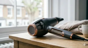 A side-by-side comparison of a modern ionic hair dryer and a premium ceramic hair dryer laid out on a marble bathroom counter, illustrating the main differences between the two styling technologies.