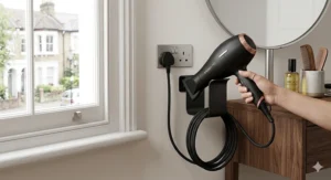 Alt text for image 8: A professional salon hair dryer being placed into a modern black wall-mounted holder next to a coiled long-length power cable.