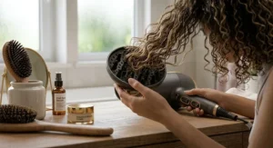An ergonomic lightweight hair dryer with diffuser being used to add volume and bounce to wavy hair.