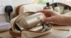 A champagne-gold dual voltage travel hair dryer neatly folded and tucked inside a compact canvas travel pouch alongside its power cord and UK three-pin plug, demonstrating its space-saving portability for a holiday suitcase.