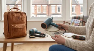 A teal travel hair dryer being weighed on digital kitchen scales to display its lightweight, holiday-friendly design.