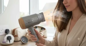 A woman using the matte-grey travel hair dryer to style her hair, with a graphic overlay on the dryer body displaying "1200W Powerful Power Output" and "High Smooth Ionic Output" accompanied by illustrative ion spheres conditioning her hair strands.