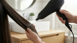 A detailed view of a black hair dryer fitted with a precision concentrator nozzle, directing focused airflow onto perfectly straight brunette hair held taut.