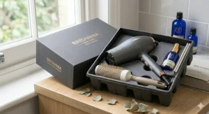 A luxury charcoal grey gift box displaying the full contents of an ionic hair dryer set, complete with styling brush, hair serum, and elegant gold lettering.