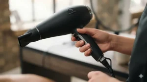 Alt text for image 2: Close-up illustration showing the lightweight, ergonomic handle of a professional hair dryer designed for comfortable all-day use.