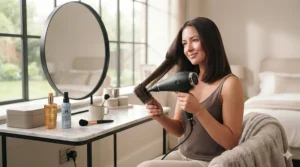Alt text for image 9: Illustration showing a woman achieving a sleek, high-shine salon-quality blow-dry at home using a professional hair dryer.