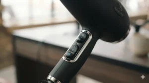 Alt text for image 4: Illustration of the variable temperature and airflow speed switches on a salon-grade hair dryer, including the cool shot button.
