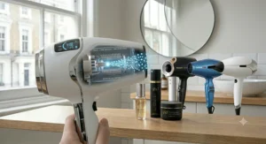 A side-by-side comparison of different hairdryer brands, featuring a cutaway model alongside sleek black, blue, and white dryers on a bathroom shelf.