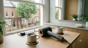 A decibel comparison chart showing the quietest hair dryer noise level measured against everyday sounds like a gentle rain shower and a boiling kettle.