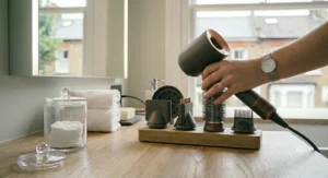 A lifestyle illustration of a woman using the quietest hair dryer during an early morning routine without waking a sleeping family member in the next room.