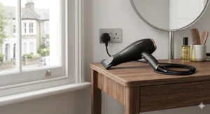 Alt text for image 2: A premium matte black salon hair dryer resting on a wooden dressing table next to a window overlooking traditional British terraced houses.