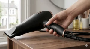 Alt text for image 5: A close-up shot of a hand adjusting the variable temperature and airflow speed switches on the ergonomic handle of a matte black hair dryer.