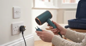 A woman holds a European travel plug adaptor next to a hair dryer's British three-pin plug plugged into a UK wall socket.