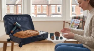 A collection of mini travel hair dryer attachments, including a diffuser and concentrator nozzle, lined up on a table next to an open suitcase.