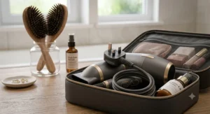 Compact travel hair dryer with diffuser and standard UK three pin plug, ideal for holiday packing.