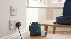 A luxury teal drawstring storage pouch with a gold monogram emblem sitting next to a UK holiday plug adaptor on a wooden table.