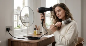 Alt text for image 9: A British woman using a salon-grade hair dryer and a large round barrel brush to style a smooth home blow-dry in front of a mirror.