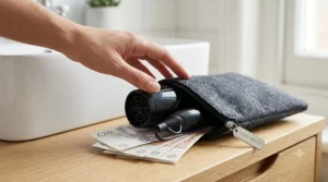 Close-up illustration of a hand reaching for a budget hair dryer on a vanity, positioned next to a stack of British five and ten-pound notes, representing high value.