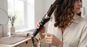 Digital automatic curling tongs showing temperature settings on an LCD screen