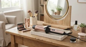 An automatic hair curler resting on a wooden dressing table with makeup essentials