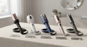 Selection of top-rated automatic hair curlers lined up on a neutral surface